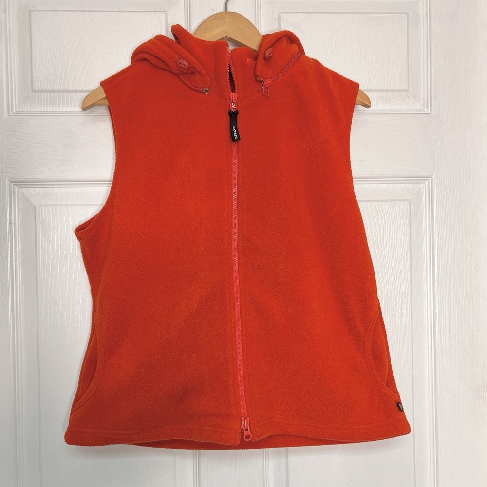 Express Womens Large Fleece Vest w/ Detachable Hood Orange Outdoor Gorpcore